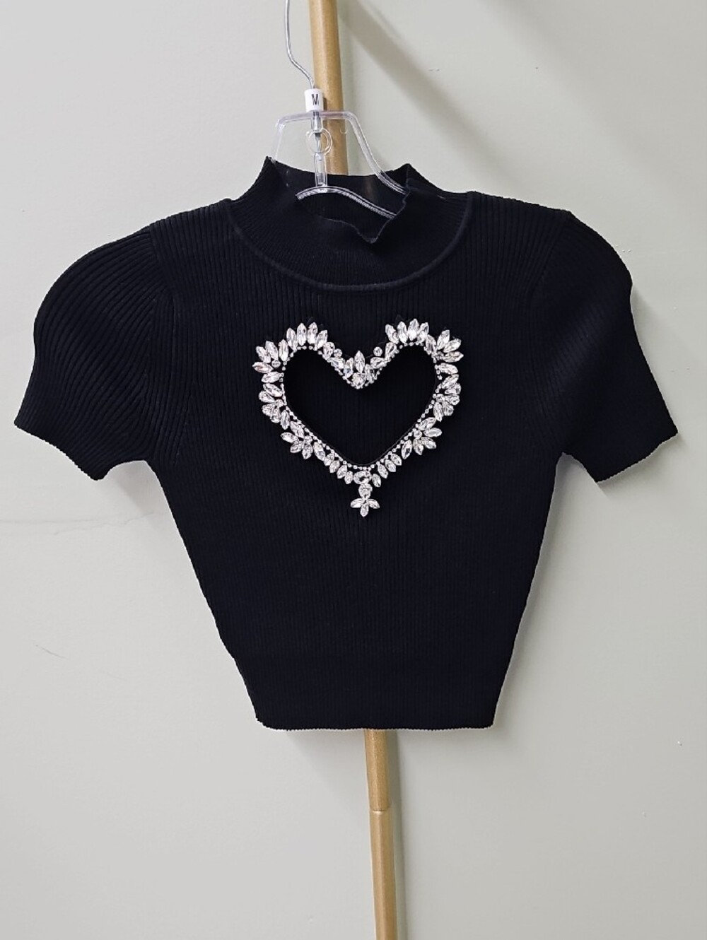 Black Crop Top with Silver Sequin Heart
